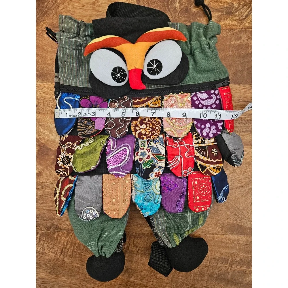 Boho Drawstring Backpack Women Multi-Color Owl Patchwork Zip Pocket Hippie Thai